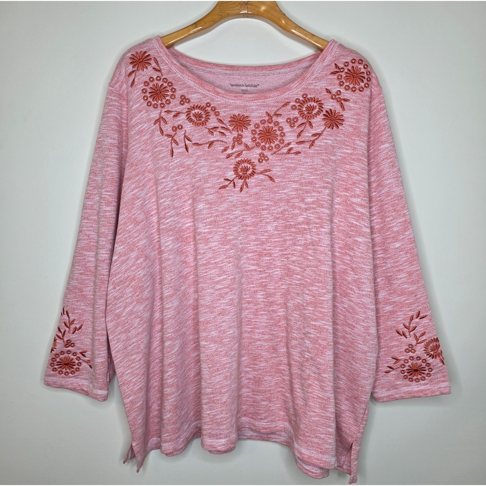 Woman Within Embroidered Sweater Sz 3X Pink Long Sleeve Tunic Top Boho‎ Hippie